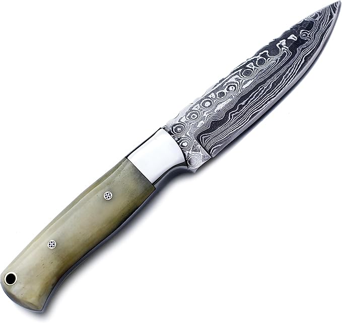Handmade Damascus Steel Fixed Blade Knife Bowie for EDC,Hunting,Survival,Camping,Bushcraft,and Fishing with Drop Point Full Tang Bone Handel with Cowhide-Leather Sheath-WKD-789