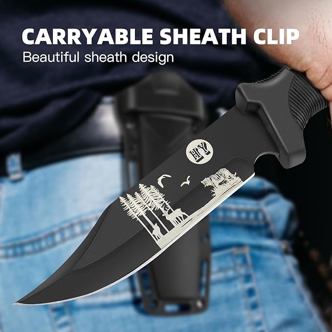 Fixed Blade Hunting Knife, Black High Hardness Plastic Handle with Sheath,Suitable for Hiking, Adventure, Survival and Collection (Black-forest)