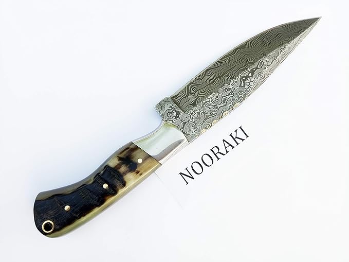 Nooraki HK-79 Handmade Damascus Skinner Hunting Knife 224 Layers Horn Handle with Leather Sheath Full Tang (9 inches, Ram Horn Handle)