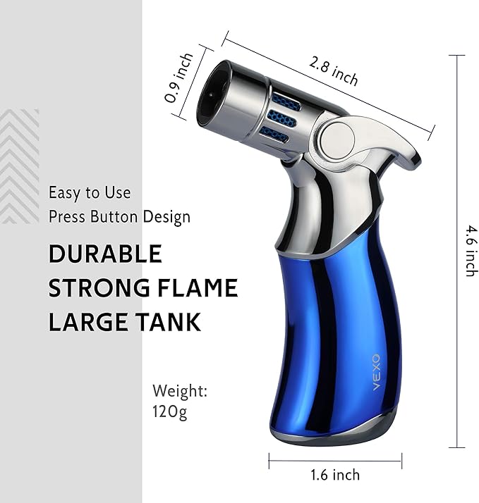 VEXO-Mini4 Torch Lighter Quad 4 Jet Flame Windproof Butane Refill Portable Lighter for Grill BBQ Candle Camping, Cool Lighter Gift Idea (Butane NOT Included) (Blue)