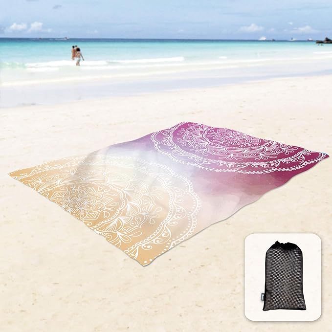 Sunlit Silky Soft 85"x72" Boho Sand Proof Beach Blanket Sand Proof Mat with Corner Pockets and Mesh Bag for Beach Party, Travel, Camping and Outdoor Music Festival, Orange Purple Mandala