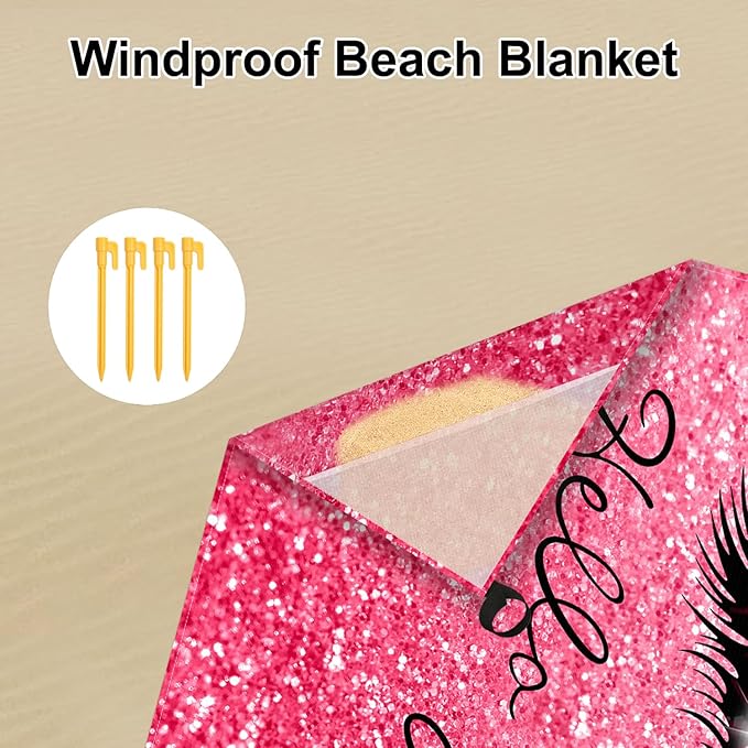 Pink Beach Blanket Waterproof Sandproof, Oversized 78”x 86” Large Foldable Outdoor Picnic Blanket 1-4 Adults, Lightweight Sand Free Beach Mat w/ 4 Stakes for Travel, Camping, Hiking - Gorgeous Eyes