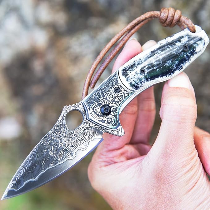 handmade damascus steel pocket knife with leather sheath,liner lock bone handle,japanese vg10 core 2.8in blade,folding knives for camping and fishing,edc for men and women