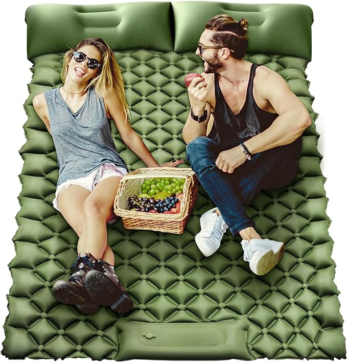 Double Sleeping Pad for Camping, Sleeping Mats for Camping Self Inflating Camping Pad 2 Person with Pillow Built-in Foot Pump Suitable for Backpacking, Portable Camping Mats 79 * 49.2 * 3.5 Inch