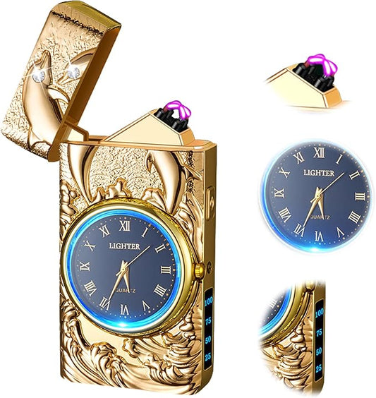 Electric Lighters Rechargeable USB Windproof Flameless Plasma Arc lighters with Clock dial Luxury Vintage Fancy Cool lighters for Candle Gift for Man (Gold)
