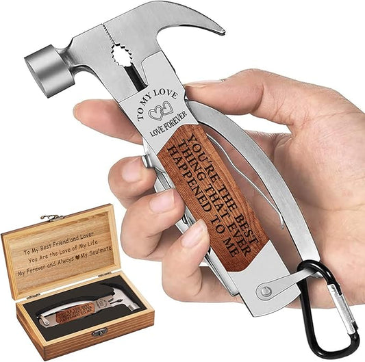 Gifts for Men Him, Anniversary Birthday Gifts for Him Boyfriend Husband, All in One Survival Tools Small Hammer Multitool with Engraved Wooden Box, Cool Gadgets Camping Hunting Present