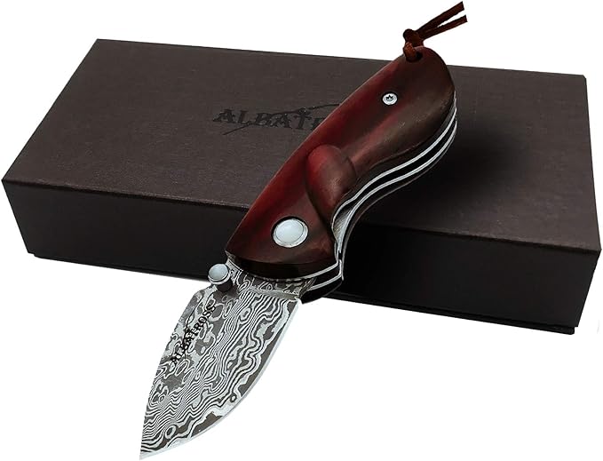 ALBATROSS Mini Pocket Knife Red Sandalwood 4.75'' Modern Damascus Steel Knife Liner Lock Folding Knife Gift Box - HGDK013