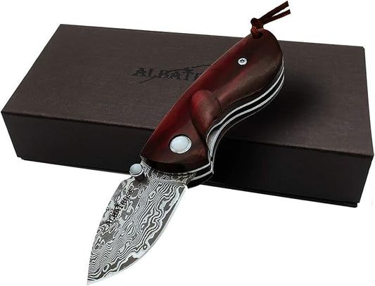 ALBATROSS Mini Pocket Knife Red Sandalwood 4.75'' Modern Damascus Steel Knife Liner Lock Folding Knife Gift Box - HGDK013