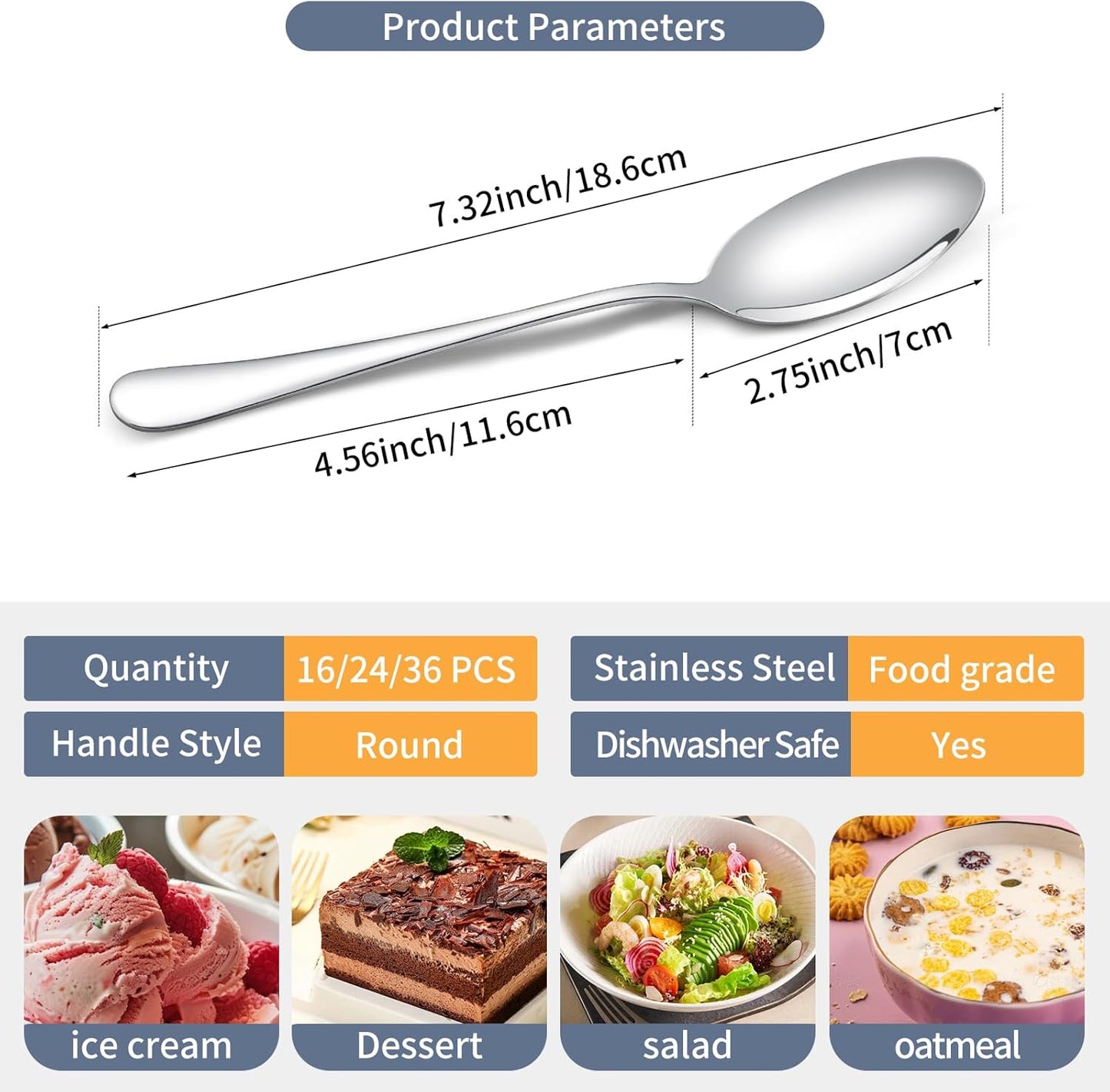 16 Pcs Dinner Spoons Set 7.32" Premium Food Grade Stainless Steel Spoons Mirror Finish & Dishwasher Safe,Use for Home,Restaurant