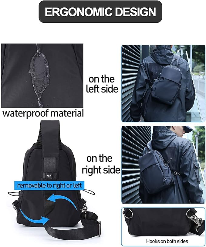 Medium Black Black Sling Bag for Men and Women - Sport Crossbody Backpack for Pickleball, Tennis, Racketball