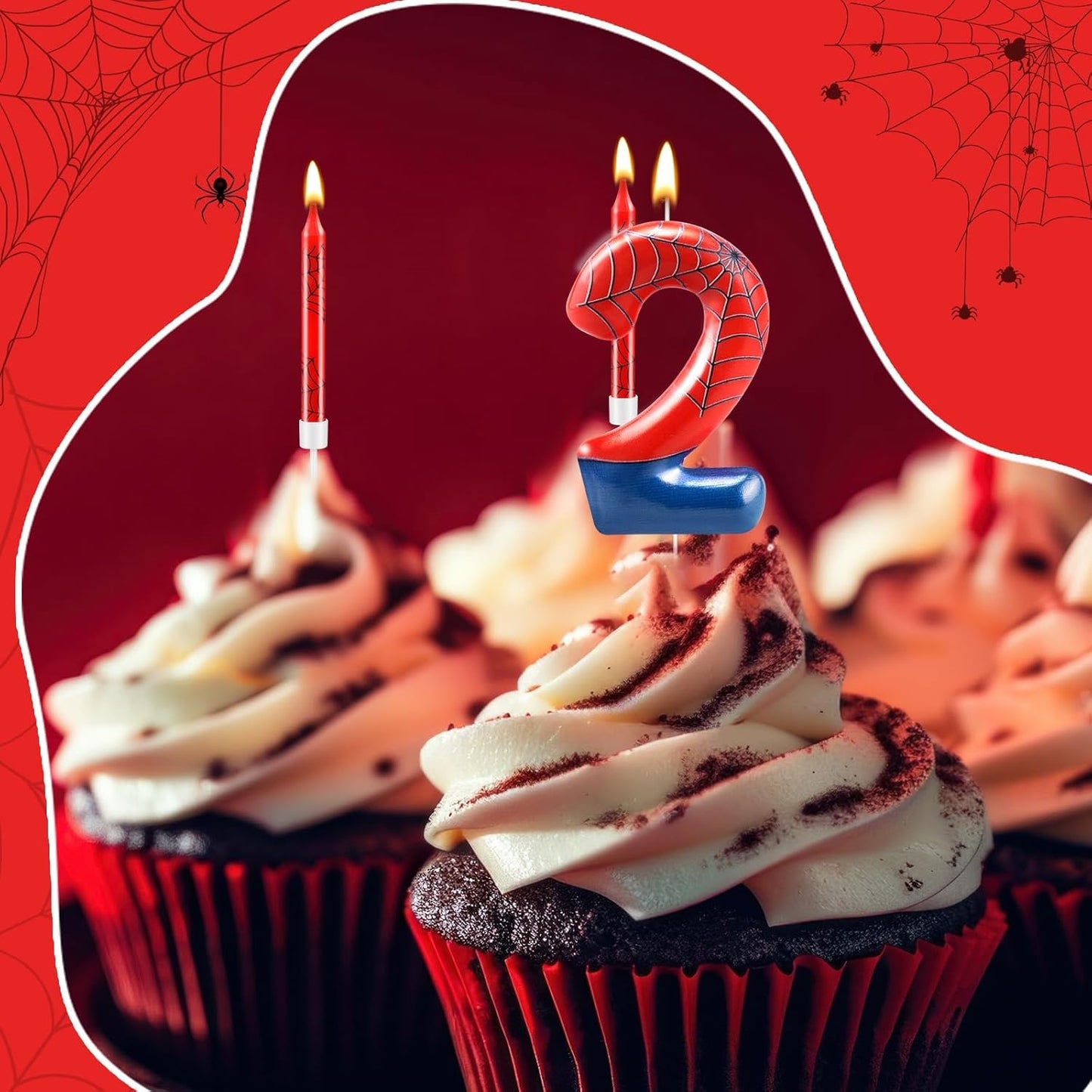 13 Pcs Spider Themed Birthday Candle Set Red Spider Theme Number 2 Candle Cake Topper for Boys Girls Birthday Decoration Spider Party Decoration Supplies (Number 2)