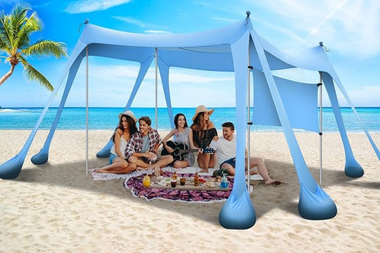 Large Beach Canopy UPF80+ Uv Protection Beach Tents Sun Shelter, Beach Shade Canopy with 8 Sandbags, 4 Stability Poles, Sand Shovel Ground Pegs for Outdoor Camping, Picnics (10x10ft, Sky Blue)