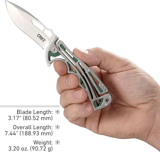 CRKT NIRK Tighe EDC Folding Pocket Knife: Stainless Steel Plain Edge Blade, Silver & Green Machined Stainless Steel Handle 5241