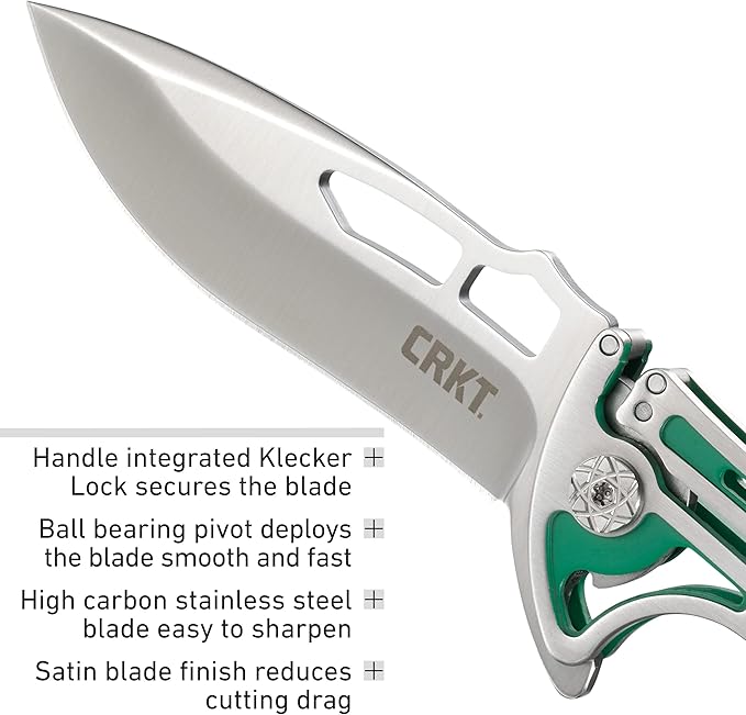 CRKT NIRK Tighe EDC Folding Pocket Knife: Stainless Steel Plain Edge Blade, Silver & Green Machined Stainless Steel Handle 5241