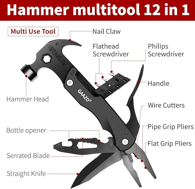 Multitool Camping Accessories, Stocking Stuffers for Men and Women, 12 in 1 Claw Hammer with Pliers Knife Saw Screwdrivers Bottle Opener Survival Gear for Camping Hiking Outdoor activities(Black)