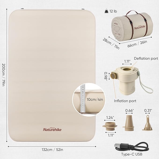 Naturehike Camping Mattress with Portable Air Pump, 4" Thick Self Inflating Sleeping Pad, Roll Up Bed, R-Value 9.5 for 4-Season Insulation, Comfort in Tent, Car, Truck, Van (Full)