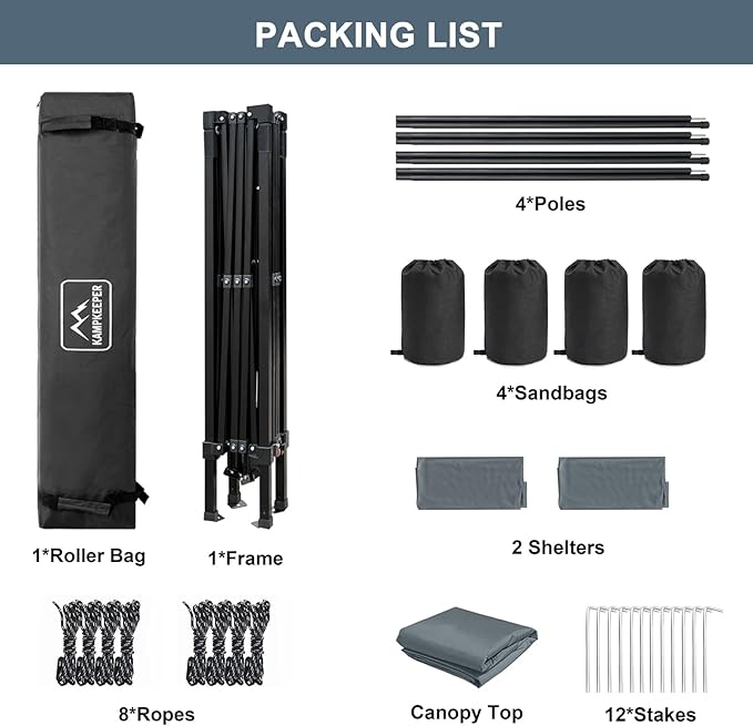 KAMPKEEPER 10x10 pop up Canopy Tent with 2 sidewalls Silver-Coated,Outdoor Canopy Tent for Parties with 2 Shelters,with 4 Poles, 4 Sandbags,8 Ropes,12 Stakes,and 1 Roller Bags