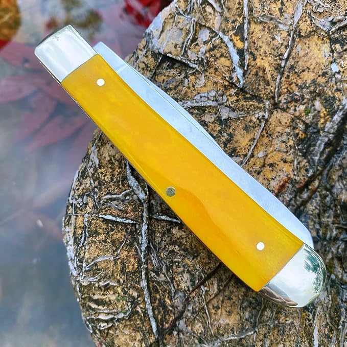 Watchman Trapper Pocket Knife – Dual Stainless Steel Blades Slip Joint Knife Folding Pocket Knife with Authentic bone handle scales (yellow)