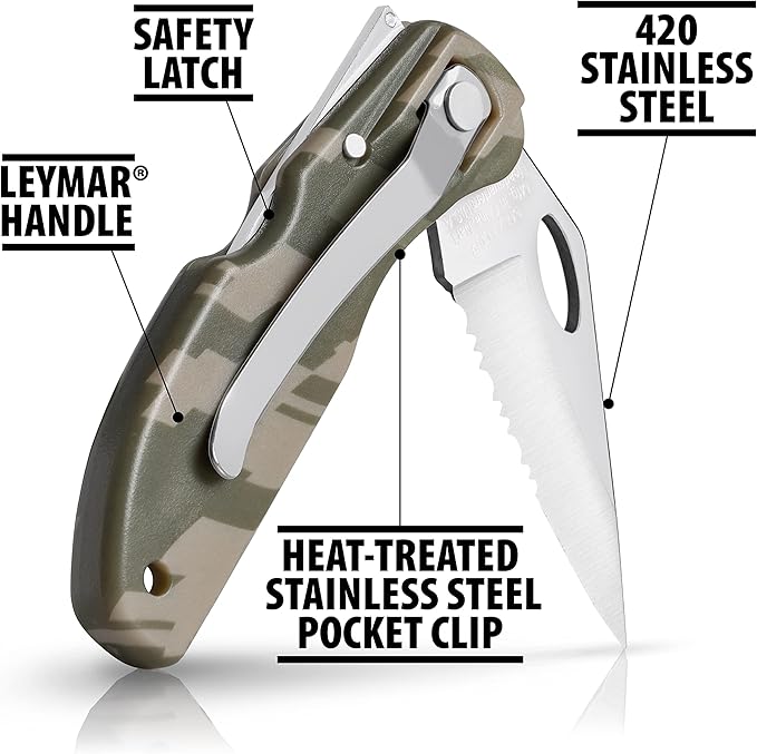 Maxam Lockback 7 (Open) Inch Pocket Knife - Stainless Steel Helf Serrated Blade, Textured No-Slip Handle, Carry Clip, Camo