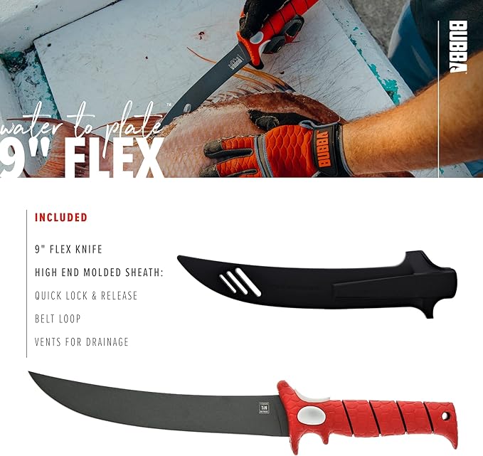 BUBBA 9 Inch Flex Fillet Knife with Non-Slip Grip Handle, Full Tang Stainless Steel Titanium Bonded Blade, Lanyard Hole and Synthetic Sheath for Fishing