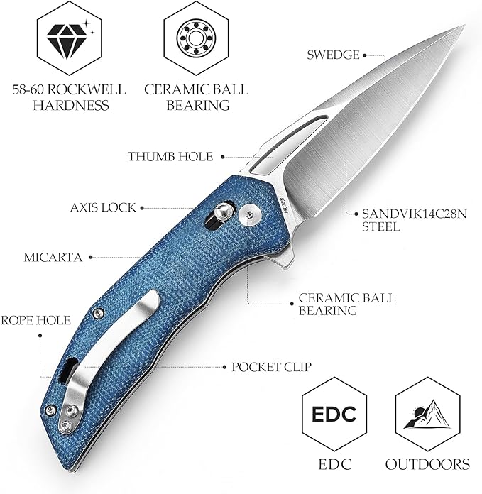 Pocket Folding Knife for Men，Flipper Knife with Clip for EDC Survival Camping Outdoor Everyday Carry，3.38" 14C28N Steel Blade，Micarta Handle，Vela-04L