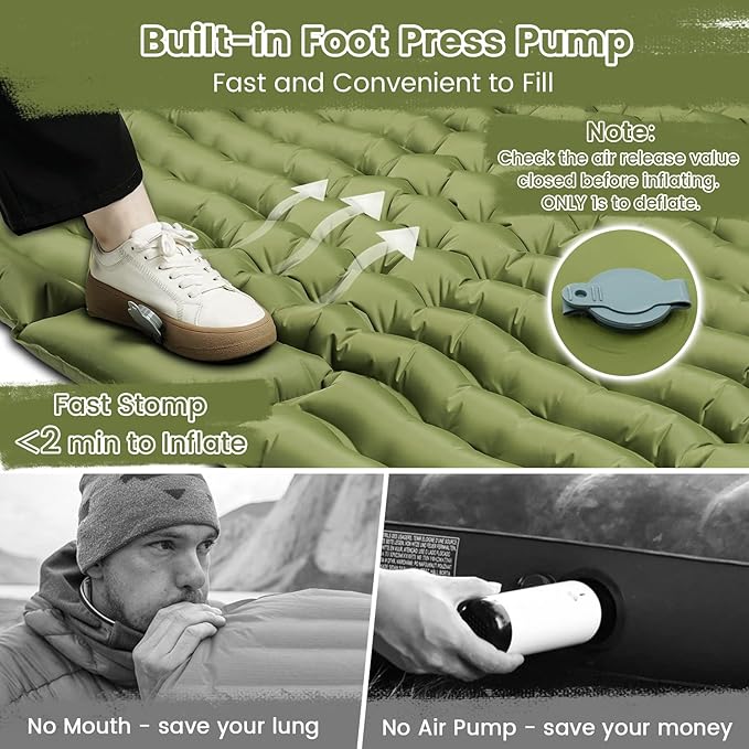 Double Sleeping Pad for Camping 4" Thickness Self Inflating Camping Mat with Pillow Built-in Foot Pump Portable 2 Person Camping Pad Waterproof Camping Mattress for Backpacking Hiking Traveling Tent