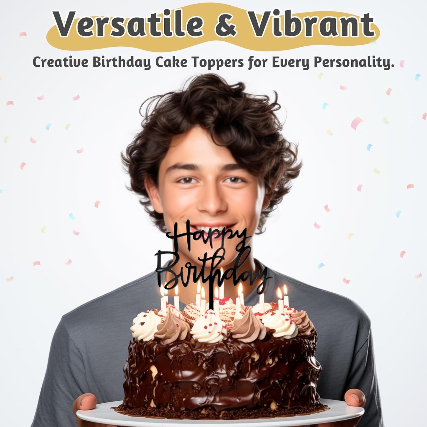 1PCS Acrylic Cake Topper, 4.7 Inches x 5.5 Inches Happy Birthday Cake Topper, Black Birthday Cake Decorations Flower Arrangements Sign for Baby Shower, Anniversary Decor