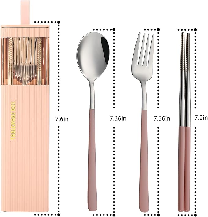 DEVICO Travel Utensils with Case, Stainless Steel Reusable Camping Silverware Set for Lunch Box, Portable Cutlery Kit Includes Fork, Spoon, Chopsticks (Pink)