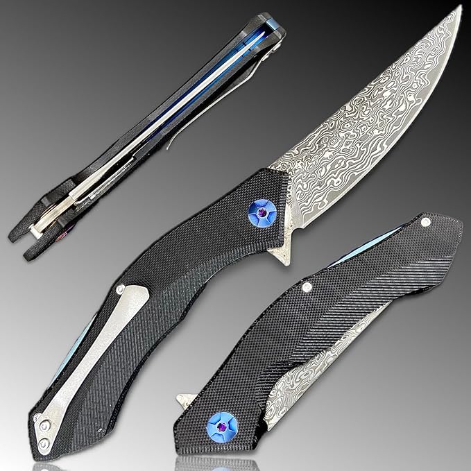 TACTICAL GEARZ EDC Damascus Pocket Folding Knife! G10 Handle! 67 Multi-Layered VG10 Damascus Steel Blade. Includes Sheath! (XT Black)
