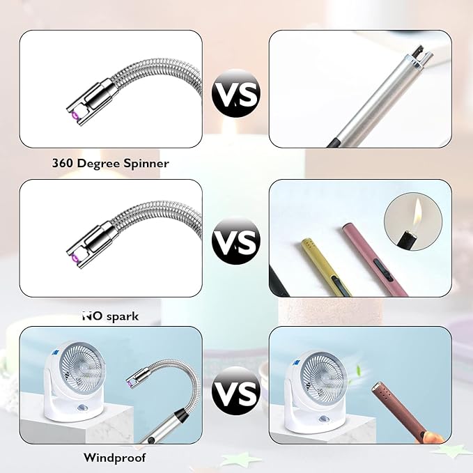 Candle Lighter Electric Lighter Rechargeable Arc Lighter with LED Battery Display360° Flexible Neck Flameless Grill Long Lighters for Light Candles Gas Stoves Camping Barbecue. (Silver)