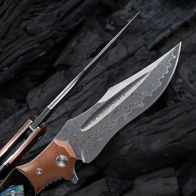 handmade japanese vg10 damascus steel folding knife with ebony lined lock handle, 5.5 "with leather sheath, edc pocket knife, men's outdoor camping fishing