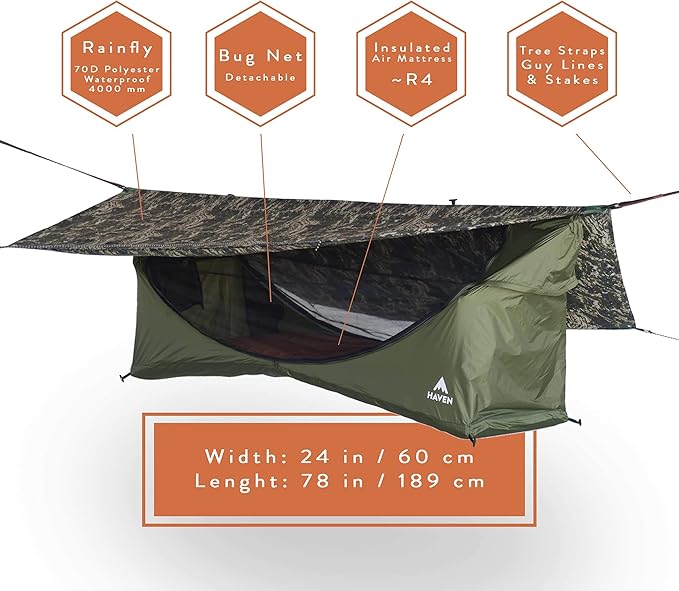 Haven Tents Lay Flat Hammock Tent - Waterproof Tent & Camping Hammock with Mosquito Net - Includes Insulated Pad and Rainfly - Haven Tent, Haven XL, Haven Safari