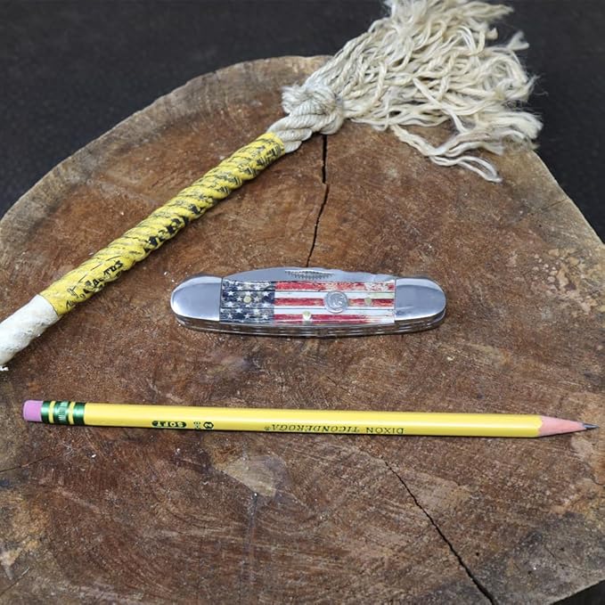 WHISKEY BENT HAT CO. Traditional Canoe Folding Pocket Knife w/Filework 3.63" Closed Length 440C Stainless Steel Blades (Patriot)