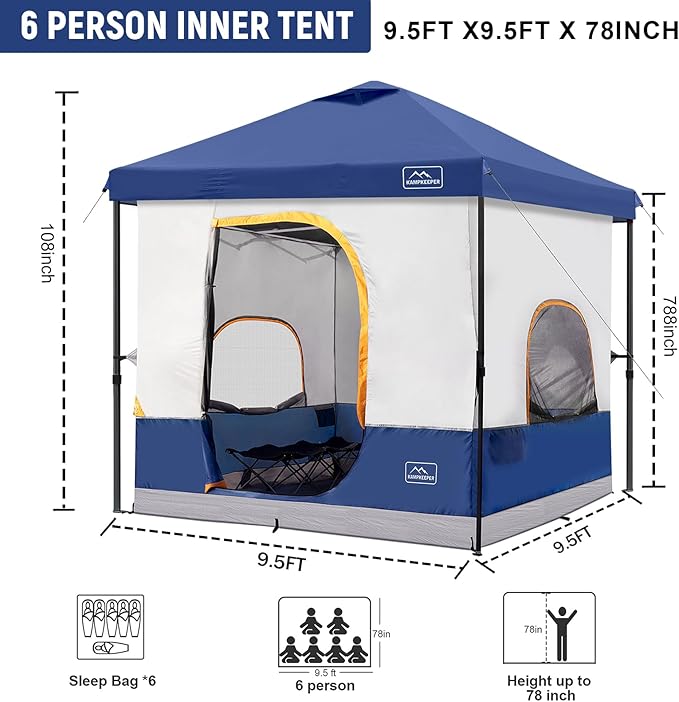 KAMPKEEPER 6 Person Camping Tent, 10x10 Pop Up Canopy Tent with Camping Inner Tent, Converts 10'x10' Straight Leg Canopy into Camping Tent–Fully Vented Roof(Canopy & Frame Included)