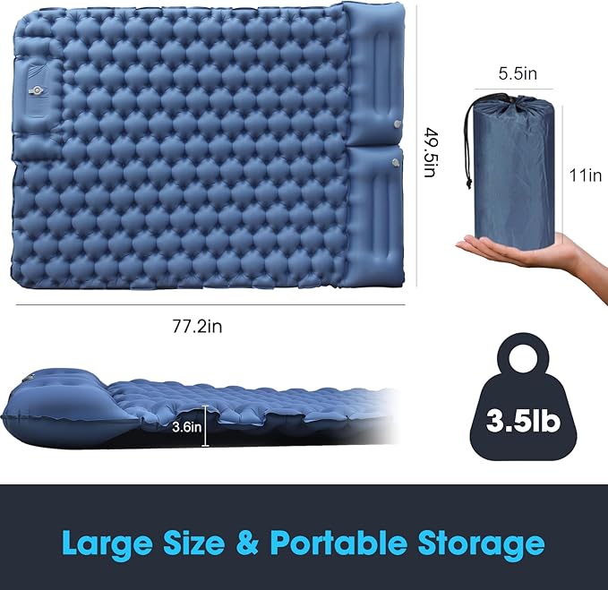 Outerman Double Camping Sleeping Pad, Self Inflating Sleeping Mat 2 Person with Pillow, Built-in Foot Pump for Camping, Hiking, Traveling Tent (Blue)