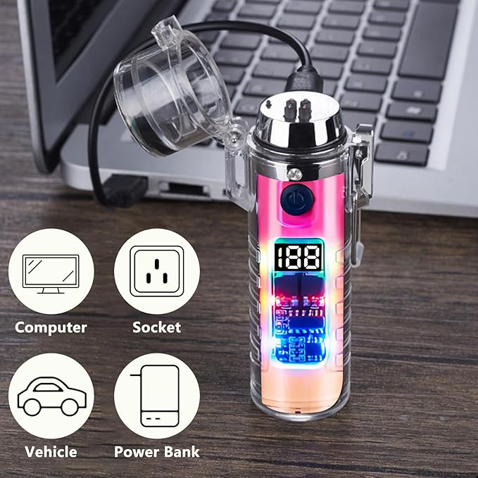 YOZWOO Electric Lighter USB Lighter Rechargeable Dual Arc Plasma Lighter Waterproof Cool Lighter Gradient Lighter with LED Three Light Effects for Outdoor Camping, Hiking, BBQ(Pink Orange)