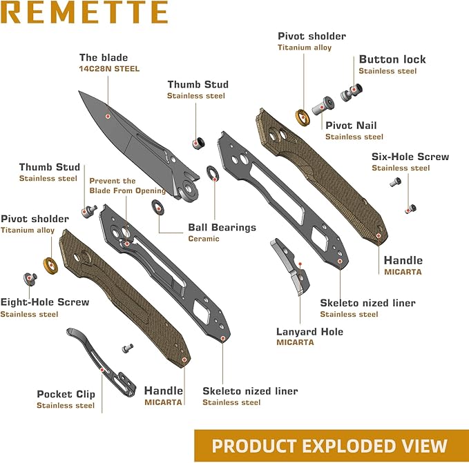 Pocket Knife Rockable Design Button Lock Rhino 0315, EDC Pocket Knife for Men, 14C28N Blade Folding Knife, Durable Micarta Handle with Pocket Clip, Sharp Hunting Camping Knives