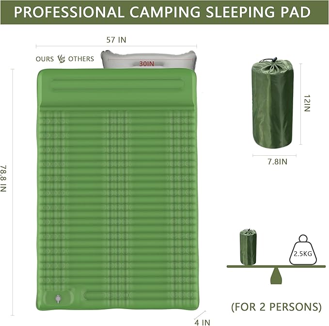 Double Sleeping Pad for 2 Person, Self Inflating Camping Mattress with Pillow, Portable Camping Bed Built-in Foot Pump for Backpacking, Hiking & Travel - Mat Carry Bag