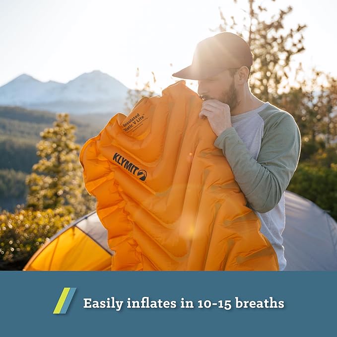 KLYMIT Insulated Static V Lite Inflatable Sleeping Pad | Comfortable, Lightweight, Easy to Inflate, Portable Air Bed for Hiking, Backpacking & Camping — Orange