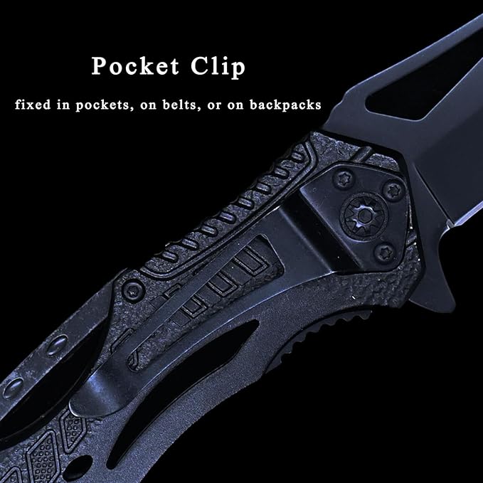 Pocket Knife - EDC, Tactical Knife with Clip, Folding Knife for Camping Hiking, Spring Assisted Knife, Survival Knife for Emergency Rescue Situations, Home Improvements, Gifts for Men - Black