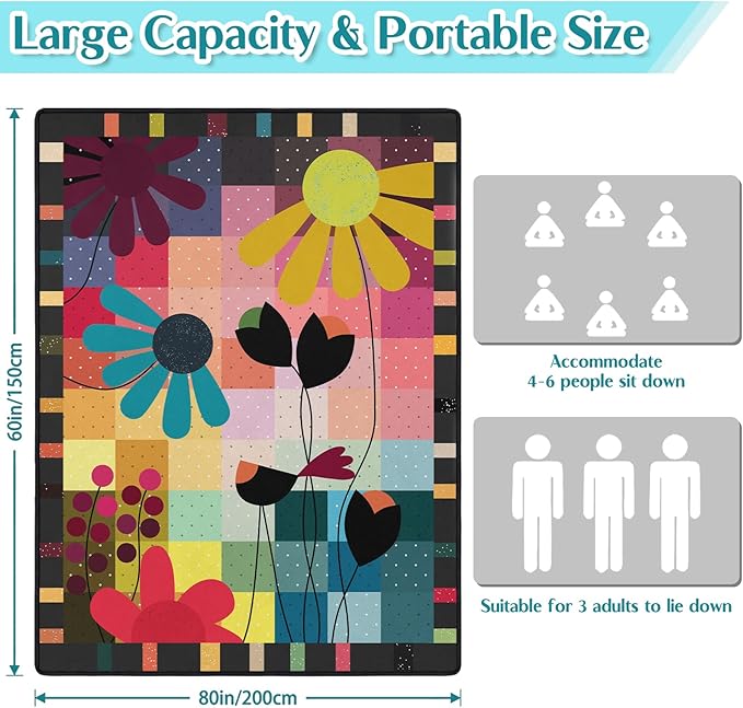 Boho Floral Picnic Blanket Waterproof Foldable Extra Large Picnic Mat Beach Blanket 60"x80" for Camping Beach Hiking Patio Party Outdoor Decor Gifts