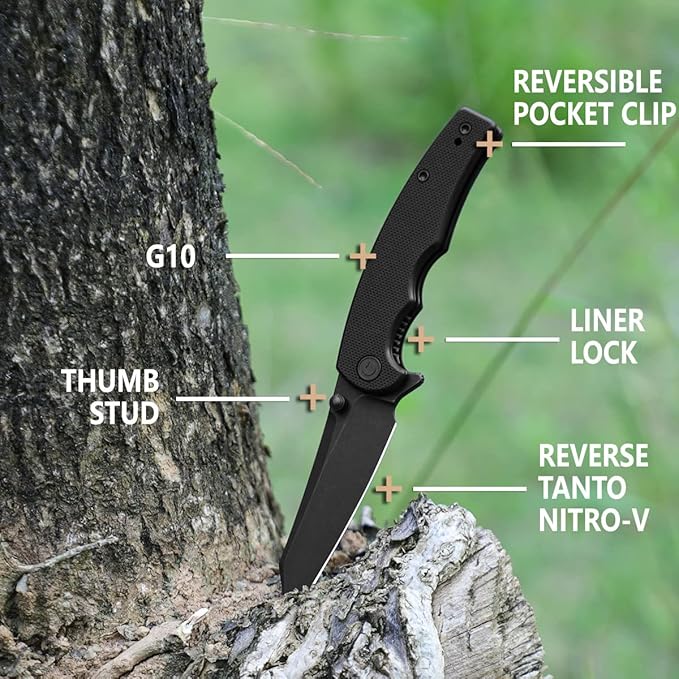 CIVIVI P87 Folder EDC Knife, Kaila Cumings 2.9-in Nitro-V Black Stonewashed Blade Reverse Tanto, G10 Handle with A Thumb Stud Liner Lock Folding Pocket Knife for Everyday Carry (Black)