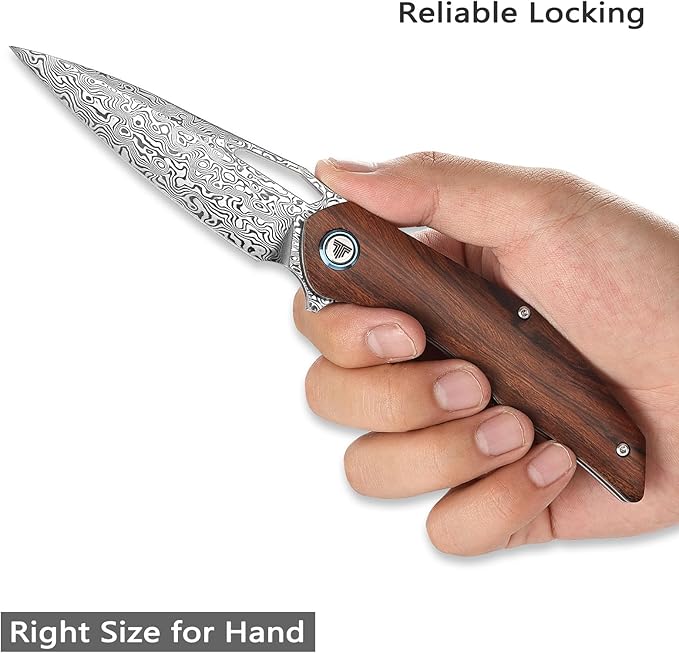 Handmade Pocket Knife,3.62'' 110 Layers Damascus Steel Blade,Front Flipper Wood Handle with Clip,Folding EDC for Men Outdoor Hunting Camping Hiking,Taurus-01i