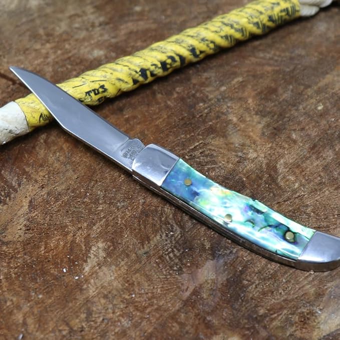 WHISKEY BENT HAT CO. Mini Hunter Folding Pocket Knife 2.75" Closed Length 440C Stainless Steel Blade (Green Abalone)