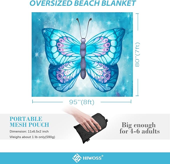 Beach Blanket Waterproof Sandproof Oversized 95”x 80”,Sand Free Beach Mat with Corner Pockets,Portable Mesh Bag for Beach Festival,Picnic,Travel and Outdoor Camping (SkyButterfly)