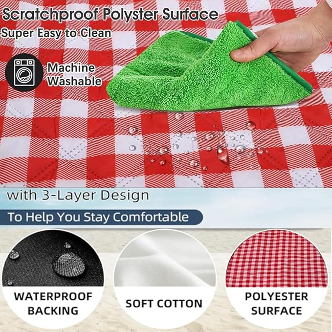 K Y KANGYUN XXL Large Beach Blanket (80 "x 79") Picnic Blankets fit 4-7 Adults, Waterproof Sandproof Beach Picnic Mat Foldable Rug with Family Outdoor Blanket for Camping Park Travel (Red Check)