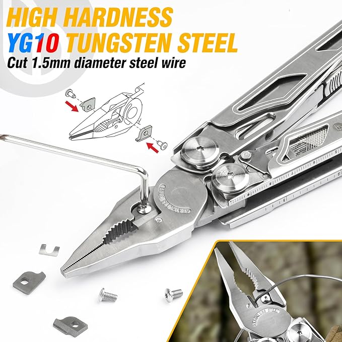 BIBURY Multitool Pliers, Stainless Steel Multi Tool Pliers with Replaceable Wire Cutters and Saw, Foldable Multitools with Scissors and Screwdriver, Ideal for Camping, Hiking, Survival, Repair