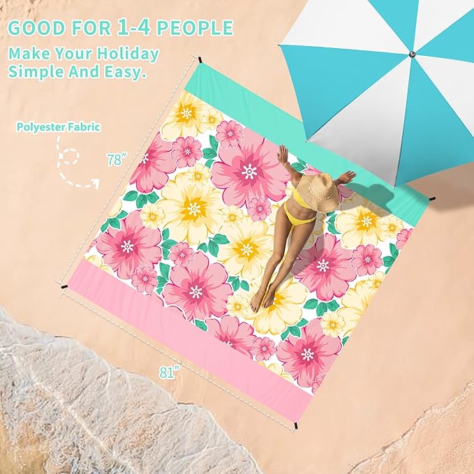 BYDOLL Beach Blanket Sandproof Waterproof 78''×81'' 1-4 Adults Compact Lightweight Oversized Beach Blanket Large Picnic Mat Beach Blanket for Travel Camping Hiking Picnic