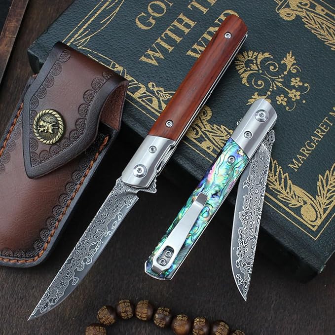 Damascus Steel Pocket Knife, Sharp VG10 Damascus Pocket Knife with Handmade Wood Handle, Leather Sheath, Ball Bearing, Liner Lock, Lightweight Damascus Folding Knife for EDC Men Women