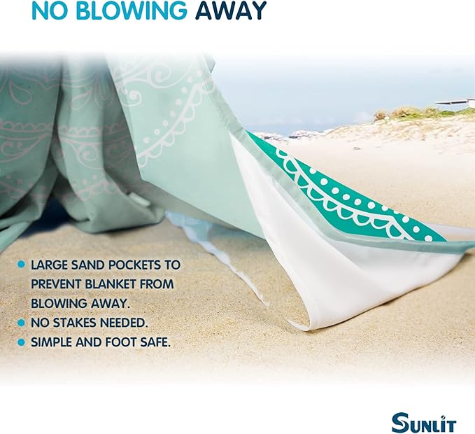 Sunlit 10'x9' Extra Large Boho Sand Proof Beach Blanket, Sand Proof Mat with Corner Pockets and Mesh Bag for Beach Party, Travel, Camping and Outdoor Music Festival, Bright Turquoise Mandala